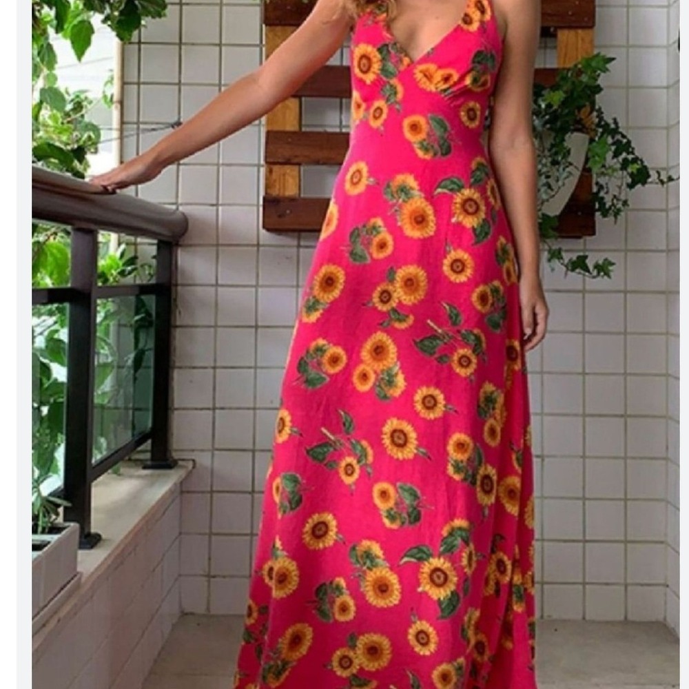 Farm Rio Brazil Sunflower Maxi Dress Sz XS Pink Floral Halter Boho Summer V-Neck - Picture 5 of 14